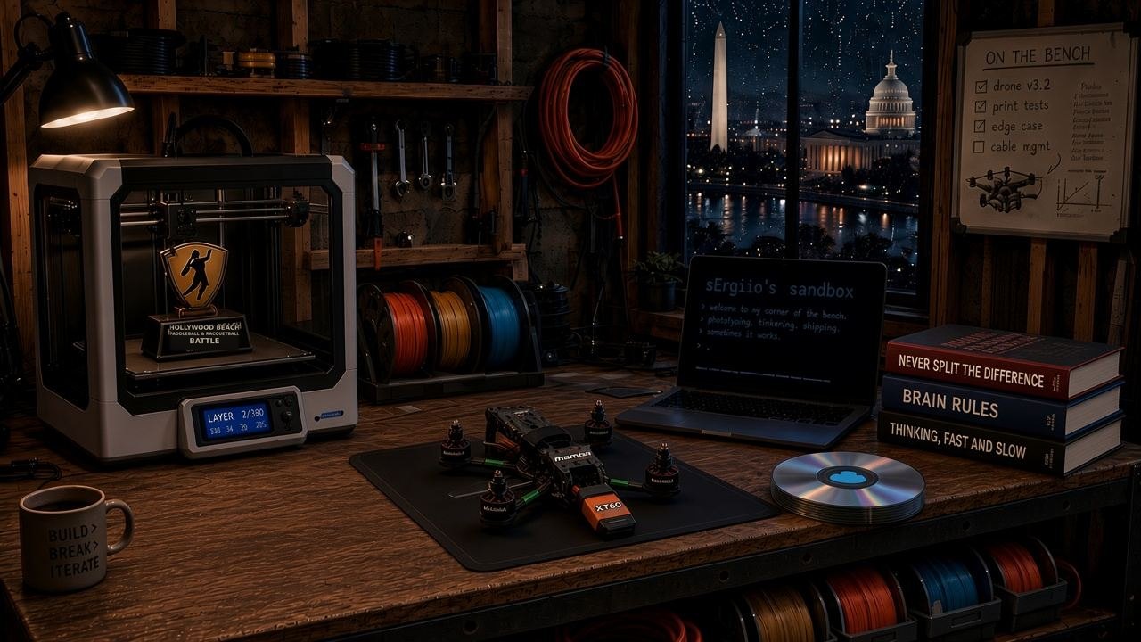 Illustration of Sergio's garage workbench at night: a 3D printer with a trophy inside, an FPV quad on a mat, a laptop terminal reading sErgii0o's sandbox, a stack of CDs, three books, a whiteboard, and a rainy window looking out on the Washington Monument and Capitol.